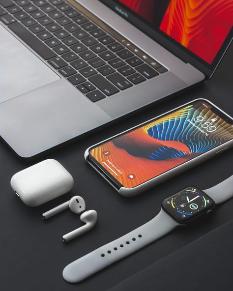 space gray iPhone X turned on beside Apple AirPods and charging case #4K #wallpaper #hdwallpaper #desktop Smartphone, Apple Watch Iphone, Apple Iphone Accessories, Apple Watch, Iphone Macbook, Iphone Accessories, Iphone 8, Apple Iphone, Apple Macbook Pro