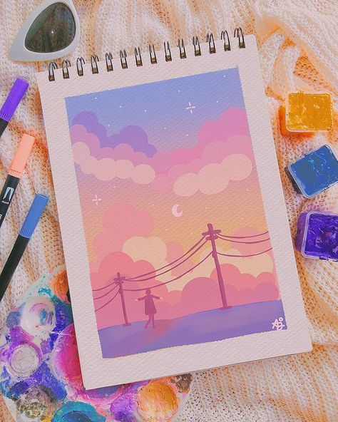 Check out these beautiful gouache paintings and tutorials. If you love watercolor paintings, I know you'll also love these gouache paintings. This is a beautiful night sky painting using acrylic paint. Art Drawings, Sketchbooks, Draw, Cute Art, Cute Paintings, Himi, Artcore, Fotografie, Abstract