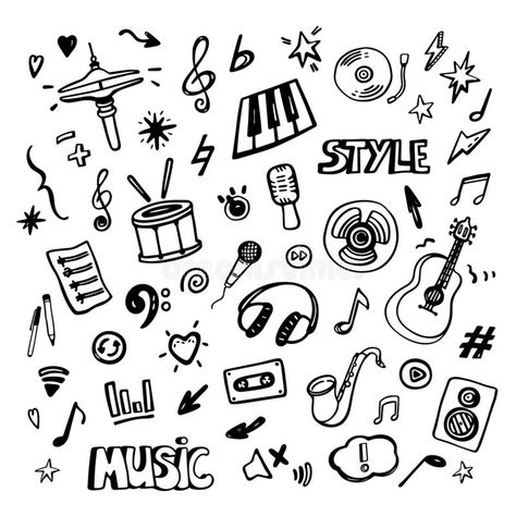 Illustration about Music doodles. Hand drawn musical icons. Set of vector music symbols. Illustration of cartoon, icon, background - 175652785 Doodle, Doodle Art, Design, Doodles, Music Designs, Music Notes Drawing, Music Illustration, Music Design, Music Symbols