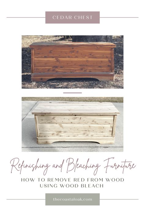 How to refinish and bleach a cedar hope chest using wood bleach to remove red from wood. Two-part wood bleach method used to lift red and color from wood like mahogany, cedar, red oak, and more. How to whitewash furniture. #refinishingfurniture #refinishedfurniture #bleachingfurniture #woodbleach #cedarhopechest #bleachingcedar #bleachingredoak #naturalwood #furnitureprojects #refinishingcedar Ideas, Inspiration, Interior, How To Stain Mahogany Wood, Weathered Oak Stain, Staining Cedar Wood, Striping Wood Furniture, Oak Stain, Whitewash Furniture