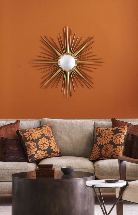 If you immediately picture a neon traffic cone when you think about orange, you're missing out. Cecilie Starin, a San Francisco-based interior designer, adores this rustic, burnt shade. "It adds a real warmth to rooms, while also adding a great pop to a space," she says. Interior, Living Room Designs, Home Décor, Living Room Orange, Burnt Orange Living Room Decor, Living Room Colors, Living Room Decor, Living Room Color Schemes, Burnt Orange Living Room