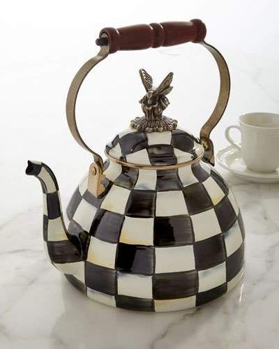 MacKenzie-Childs Courtly Check 3-Quart Tea Kettle with Butterfly  #ad Kettle, Whistling Tea Kettle, Tea Cups, Tea Kettle, Antique Brass, Tea Set, Kitchen Country, Pots And Pans, Saucer