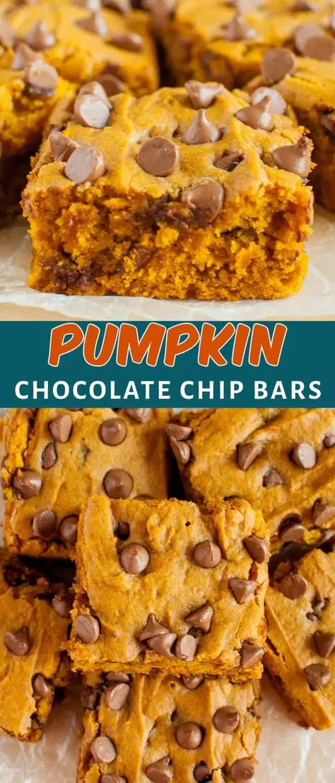 It doesn't get much easier - or more delicious, than these easy Pumpkin Chocolate Chip Bars! #pumpkinbars #pumpkindessert #falldessert Desserts, Cake, Dessert, Snacks, Pumpkin Chocolate Chips, Pumpkin Chocolate Chip Cookies, Easy Pumpkin Bars, Chocolate Chip Bars, Easy Pumpkin Recipes Desserts
