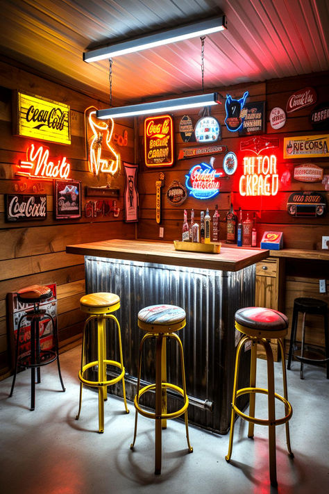 Rustic bar corner with various neon signs and brand logos, paired with high stools. Garage Bar, Man Cave, Garages, Man Cave Bar Diy, Man Cave With Bar, Garage Bar Ideas Man Caves, Man Cave Bar, Cool Garage Ideas Man Cave Stuff, Garage Bar Ideas