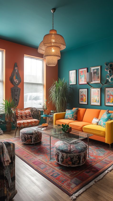 An eclectic living room with an orange couch and teal walls Inspiration, Boho, Interior, Ideas, Design, Dekorasyon, Style, Dekorasi Rumah, Inspo