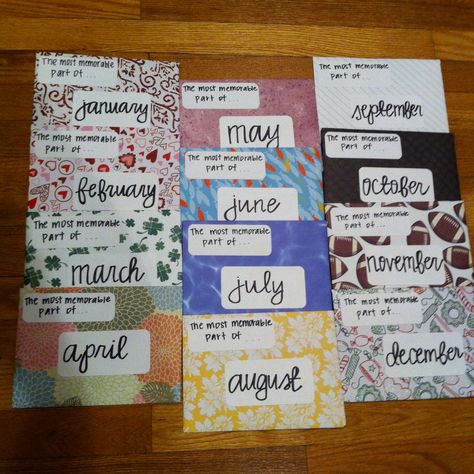Twelve letters, one for each month of the year. Each letter is filled with a favorite moment from that month Gift Ideas, Valentine's Day, Diy, Pre K, Diy Geschenke, Scrapbook Gift, Creative Gifts, Year Anniversary Gifts, Diy Anniversary
