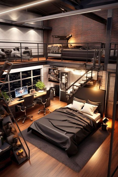 The 'Loft-style Lab' combines industrial aesthetics with advanced technology. Beneath the steel loft bed with a built-in Smart TV is a workstation boasting a state-of-the-art ergonomic gaming chair and a curved ultra-wide monitor.