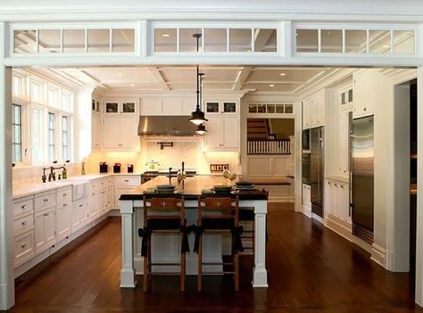 Transom windows define the space between a kitchen and living area.  White, marble, stainless kitchen. Home, Country, House Design, Architecture, Interior, Kitchens, New Kitchen, House Styles, House Interior