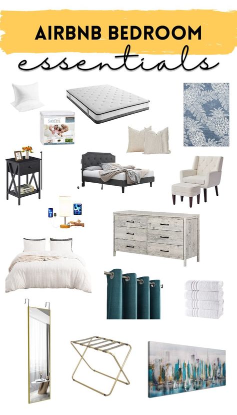 What are some of the must have items to keep in your furnished rental bedroom? Stocking the bedroom at your new listing might sound like an easy task but you want to make sure nothing is forgotten! We are here to go through all of the details of the Airbnb bedroom essentials and where to buy them. Bedroom, Interior, Design, Home Décor, Home, Airbnb Room Ideas Guest Bedrooms, Airbnb Host, Bedroom Essentials, Decorate Airbnb