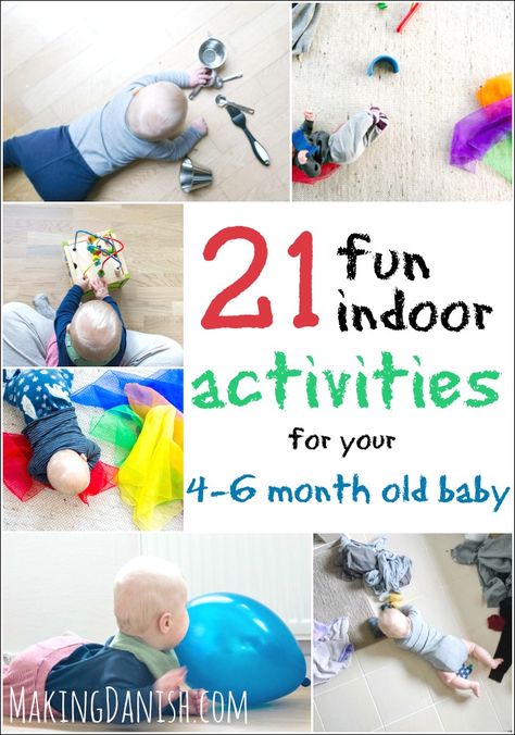 21 fun indoor activities for your 4-6 month old baby that will keep your little one happy and entertained while supporting his or hers development. These easy activities require no fancy toys, equipment or any real preperation, so no reason to postpone the fun. MakingDanish.com #baby #babyactivity #babyfun Montessori, Play, Baby Play, Baby Sensory Play, Baby Learning Activities, 5 Month Old Baby Activities, Baby Development Activities, Baby Sensory, 6 Months Old Activities
