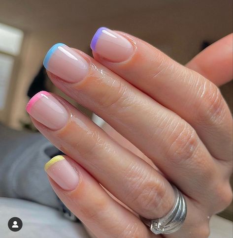 Shellac, Pastel, Colored French Nails, Ongles, French Tip Nails, French Manicure Nails, Coloured French Nails Tips Short, Multicoloured Nails, Fancy Nails
