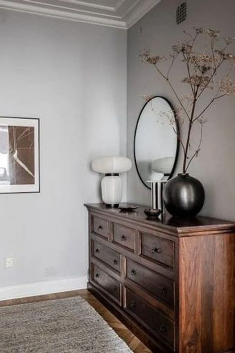 Design, Inspiration, Light Gray Bedroom, Gray Bedroom Furniture, Dark Oak Bedroom Furniture, Light Grey Walls, Light Gray Walls, Dark Wood Bedroom Furniture, Grey Wood Furniture