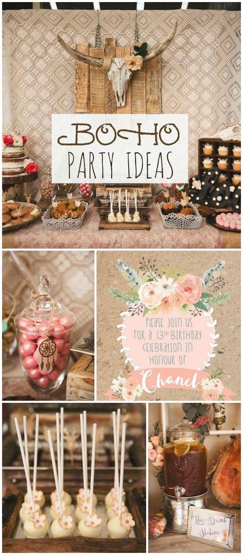 This party has a rustic, boho chic style! See more party ideas at CatchMyParty.com!: Party Ideas, Birthday Parties, Party Decorations, Party Themes, Party Theme, Boho Birthday Party, Creative Birthday Party Ideas, Sweet 16 Parties, Boho Party
