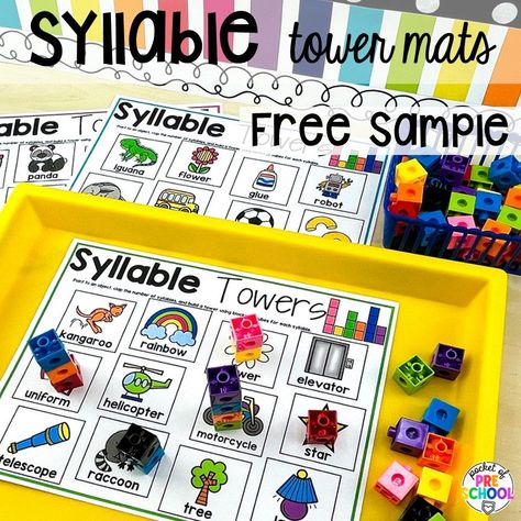 Syllable tower mats is a fun activity for students to build and count syllables. Check out this post with over 15 syllable activities for preschool, pre-k, and kindergarten students. Pre K, Phonemic Awareness Activities, Literacy Games, Phonological Awareness Activities, Activities, Preschool Activities, Literacy Activities, Preschool Literacy Centers, Language Activities Preschool