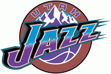 Utah Jazz Logo - Jazz in purple and blue against mountains in a copper circle (SportsLogos.Net) Retro, Nba Players, Jazz, Basketball, Logos, Utah Jazz, Cleveland Cavaliers Logo, Nba Logo, Utah Jazz Basketball