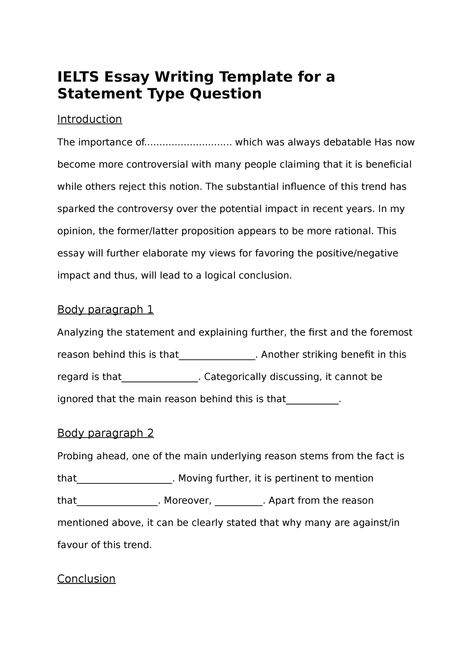 Writing Template 1 Roma Ielts - IELTS Essay Writing Template for a Statement Type Question - Studocu English, Essay Format, Essay Writing Skills, Essay Topics, Essay Questions, Essay Writing Tips, Essay Writing, Essay Examples, Essay Help