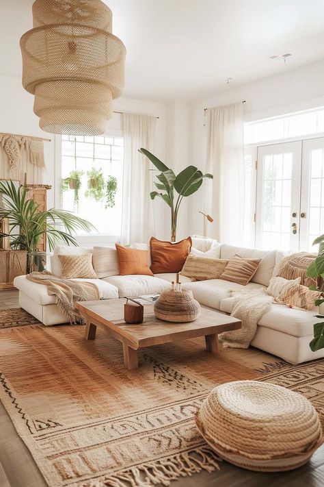 Cozy Boho Living Room with earthy color scheme, vintage rug, hanging plants, and wood coffee table. Living Room Designs, Boho Chic, Modernism, Interior, Modern Living Room, Traditional Living Room, Modern Boho Living Room, Living Room Inspiration Board, Chic Living Room
