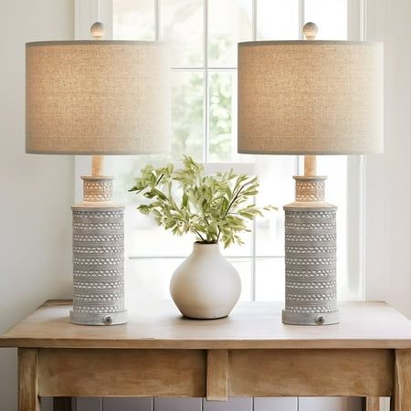 Farmhouse Table Lamps Set of 2 : Retro resin lamp body, with a drum beige linen fabric shade, make these nightstands lamps for bedroom set of 2 present a vintage and farmhouse style. It not only can be used for bedroom or living room lighting, but also as a perfect decoration for your living room furniture sets. Bedside Table Lamps Features: USB Port : two USB charging ports (in each lamp base) Control Type: touch control switch (on the lamp base) Energy-Saving Bulbs Included: This side lamps ar Home Décor, Table Lamps For Bedroom, Nightstand Lamp, Table Lamp Sets, Lamp Sets, Bedroom Lamps Nightstand, Bedside Lamp, Touch Table Lamps, Bedside Table Lamps