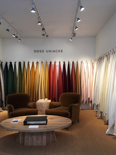 Highlights from Design Week 2020 - Design Centre Chelsea Harbour. Sumptuous fabrics in a spectrum of colour at Rose Uniacke’s understated stand at the Design Week Pop-up exhibition. Luxury fabric, interior inspiration. For more inspiration visit: www.thehousedirectory.com #yoursourcingdestination Design, Furniture Design, Interior, Fabric Store Design, Fabric Display, Retail Design, Design Studio Workspace, Furniture Store Design, Luxury Fabrics