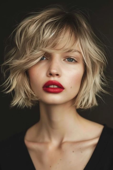 Woman with tousled short blonde hair and striking red lipstick gazes softly at the camera, set against a dark background. Strawberry Blonde, Short Hair Styles, Bob, Short Hair Cuts, Hair Cuts, Cool Blonde, Capelli, Layered Hair, Brunette Bob