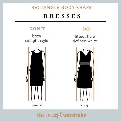 the concept wardrobe | Avoid boxy and baggy styles and dresses that flare out too wide at the bottom. These will make you look bottom-heavy. Instead, opt for dresses with high waist definition. Empire line dresses, princess seam dresses, and wrap dresses are great choices. A belt is a must-have and can change the shape of any dress (even shapeless ones). Wardrobes, Capsule Wardrobe, Rectangle Body Shape, Body Shape Guide, Rectangle Body Shape Fashion, Rectangle Body Shape Outfits, Body Types, Body Shapes, Body Style