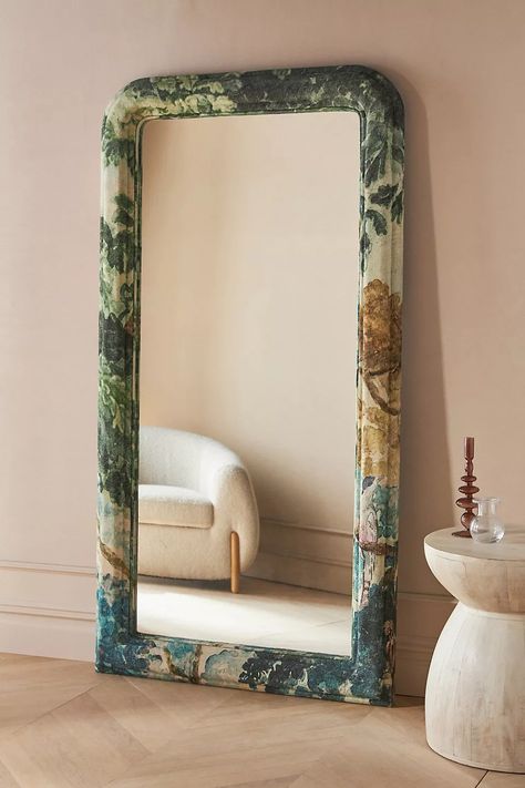 Anthropologie's Spring Collection Is Full of Upholstered Surprises | domino Home Décor, Upholstery, Bedroom, Interior, Anthropologie Uk, Furniture Decor, Floor Mirror, Mirror Decor, Linen Upholstery