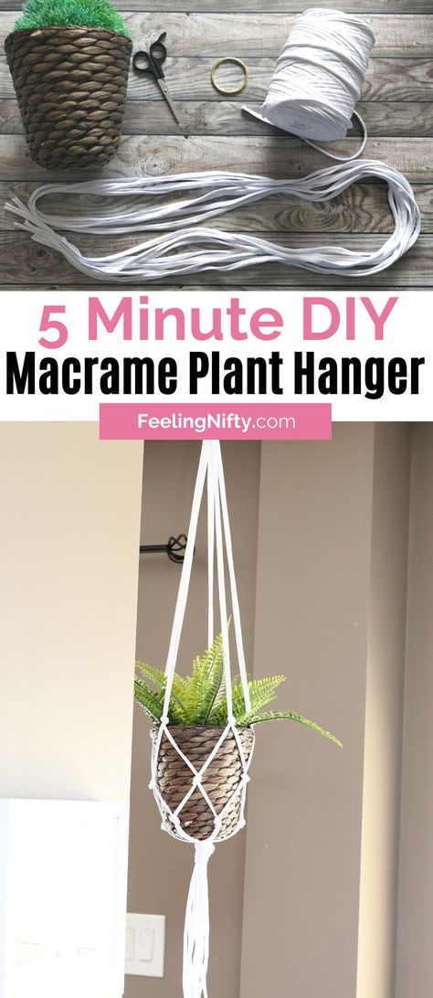 Learn how to make this DIY macrame plant hanger in this tutorials. This easy, free beginner pattern is simple and fast! Make one in 5 minutes! Instructions include how to make with yarn, t-shirt string, or even twine! Use small hanging pots or baskets and to complete the bohemian vibe in your interior decor! #bohemian #boho #bohodecor #5minuteDIY #easyDIY #DIY #CheapDIY #farmhouse #farmhousedecor #planters #indoorplant #plantdecor Upcycling, Home Décor, Diy, Diy Macrame Plant Hanger Easy, Diy Macrame Plant Hanger Tutorials, Macrame Plant Hanger Diy, Diy Macrame Plant Hanger, Macrame Plant Hanger Patterns, Macrame Hanging Planter