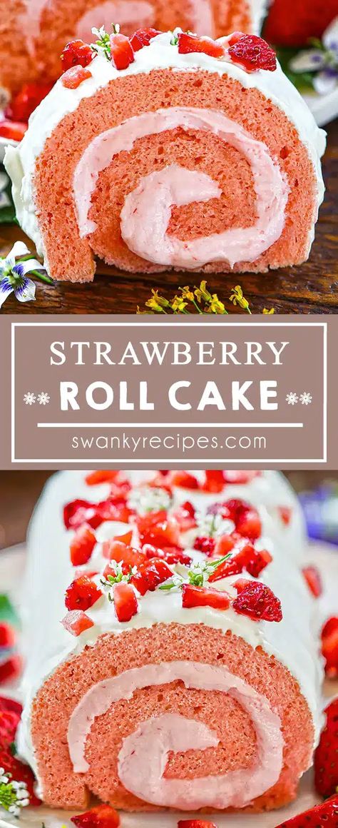 a strawberry cake rolled into a log and filled with strawberry cream cheese frosting Pie, Ideas, Snacks, Strawberry Roll Cake, Strawberry Swiss Roll Cake Recipe, Strawberry Jelly Roll Recipe, Homemade Strawberry Cake, Cake Roll Recipes, Strawberry Cream Cheese Frosting