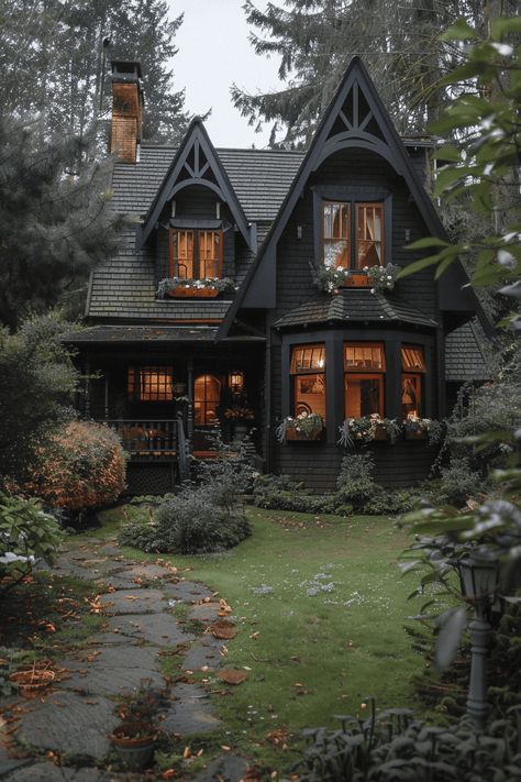 black cottagecore home Modern Dark Cottagecore, Southern Gothic Home Exterior, Gothic Cottage Core House, Modern Witch House Aesthetic, Witchy Victorian House, Gothic Farmhouse Exterior, Witch Aesthetic House, Witchy Cottage Decor, Black Cottage House