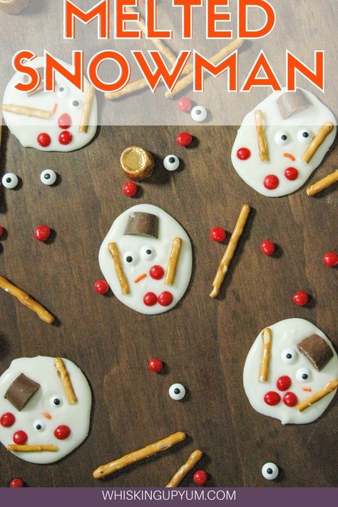 These Melted Snowman treats are a great treat to make with kids! | Melted snowman recipe | melted snowman cookies | melted snowman candy | melted snowman bark  | almond bark snowman | Easy christmas candy | easy christmas dessert | Easy christmas cookies for kids | no-bake holiday treats Christmas Cookies Kids, Fun Holiday Treats, Melted Snowman, Cookies Christmas, Almond Bark, Holiday Treats, Blogger Themes, Christmas Cookies, Almond