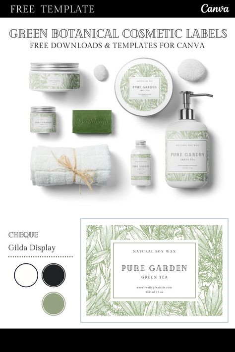 Free Green Botanical Vintage Cosmetic Labels for Canva Templates and Designs for Cosmetic Packaging Vintage, Packaging, Beauty Products Labels, Beauty Packaging, Natural Cosmetics Packaging, Cosmetic Packaging, Packaging Design, Soap Labels, Cosmetic Packaging Design