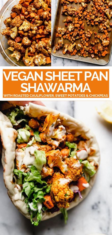 sheet-pan veggie shawarma bowls with roasted cauliflower & sweet potato - this EASY and HEALTHY veggie shawarma recipe is the ultimate sheet-pan veg shawarma dinner! it takes just 15 min to prep (w/ 2 meal prep options). #playswellwithbutter #shawarma #veggieshawarma #sheetpandinner #vegetariandinner Sandwiches, Healthy Recipes, Cauliflower Recipes, Veggie Dinner, Vegan Dinner Recipes, Veggie Dishes, Vegetarian Dishes, Vegetarian Dinner, Veggie Recipes