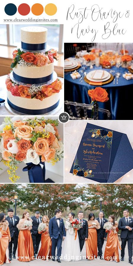 Rust Orange Wedding Color Combos, Fall Wedding Color Schemes, Wedding Color Schemes Summer, Wedding Color Palette, Wedding Color Palettes, Wedding Color Schemes, Wedding Color Combos, Wedding Colors Blue, Navy Orange Weddings