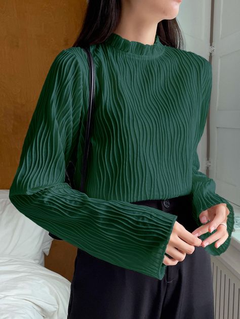 Dark Green Casual Collar Long Sleeve Fabric Plain  Embellished Non-Stretch  Women Clothing Outfits, Clothes, Vestidos, Long Sleeve, Moda, Outfit, Blouse Outfit, Formal Tops For Women, Green Shirt