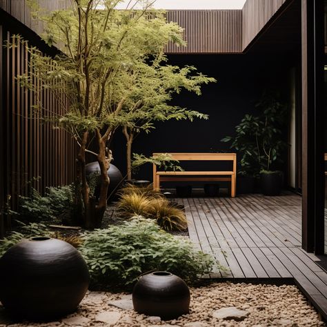 Modern japandi garden dark wood panelling orb planters Japanese greenery Garden Design, Modern Japanese Garden, Exterior, Outdoor, Modern Japanese Garden Landscapes, Modern Garden, Atrium Garden, Courtyard Garden, Zen Garden Design