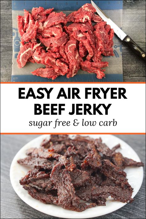 If you are on a keto diet and love beef jerky you are going to LOVE this keto air fryer beef jerky. It's super easy to make and the result is spicy flavorful beef strips that makes for a great low carb grab and go snack. The whole recipe has just 4.4g net carbs! Summer, Low Carb Recipes, Beef Jerky Recipe Oven, Beef Jerky Recipe Dehydrator, Keto Beef Jerky Recipe, Easy Beef Jerky, Homemade Beef Jerky, Sugar Free Beef Jerky Recipe, Beef Jerky Recipes