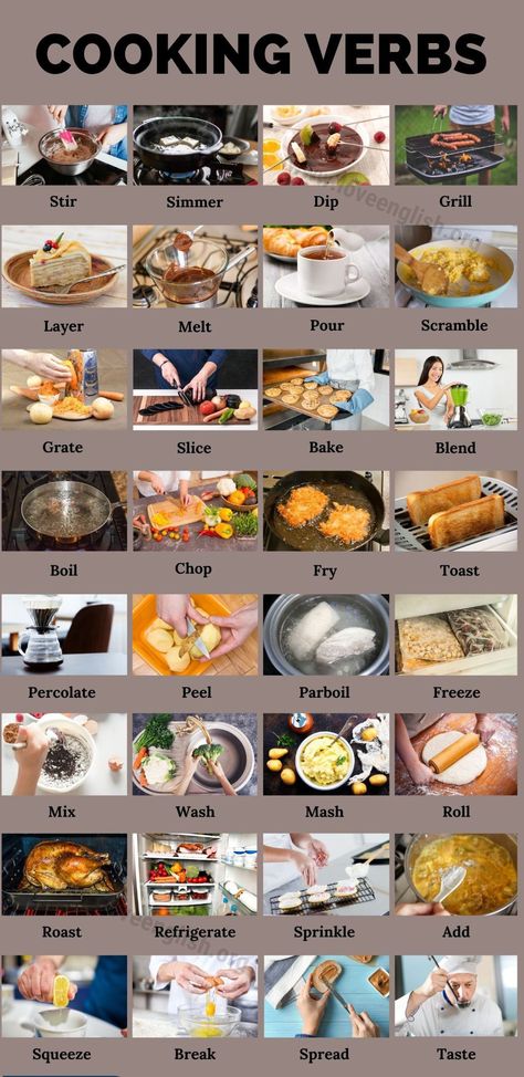 Cooking, English, English Grammar, Food Vocabulary, Cook, Interesting English Words, English Tips, English Vocabulary, English Vocabulary Words