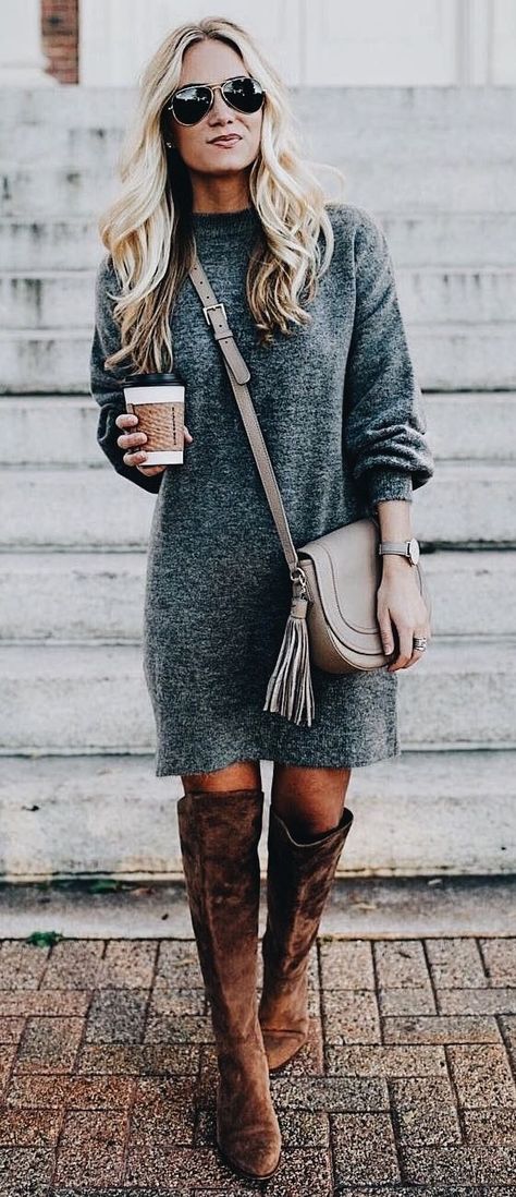Gray sweater dress with brown OTK boots. Casual Chic, Winter Fashion, Outfits, Casual, Jumpers, Autumn Outfits, Grey Sweater Dress, Sweaters, Clothes For Women