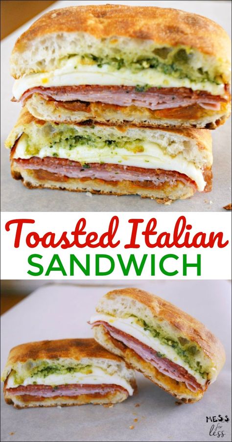 This Toasted Italian Sandwich takes just minutes to make but is bursting with Italian flavor. Such an easy sandwich recipe! #ad #italiansandwich #sandwichrecipe #lunch Pesto, Brunch, Sandwiches, Cooking, Toast, Pork Loin, Cooking Recipes, Soup And Sandwich, Burger