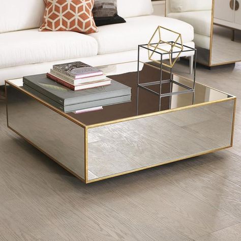 Floating Mirrored and Gold Coffee Table Home Décor, Mirrored Coffee Tables, Modern Glass Coffee Table, Modern Square Coffee Table, Contemporary Coffee Table, Round Coffee Table Modern, Modern Coffee Tables, Coffee Table Design, Gold Coffee Table