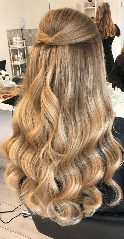 Half up for loose waves Here is a stunning and simple way to wear a half up half down style. The hair has been... Wedding Hair Down, Down Hairstyles, Long Hair Styles, Hairstyle, Curled Prom Hair, Prom Hairstyles For Long Hair, Hairdo For Long Hair, Bride Hairstyles, Wedding Hair And Makeup
