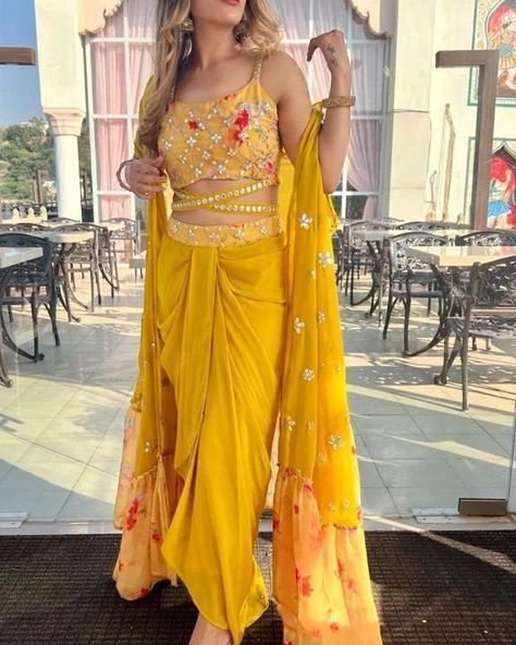 ₹2095 *RESTOCKED DISPATCH STARTS FROM SAT* ❤️❤️❤️❤️❤️❤️❤️ Design No-723 💃STUNNING WEDDING SEASON COLLECTION😍 💛NEW COLOR💛 🌸🌸🌸🌸🌸🌸🌸 This wedding season flaunt ur haldi and mehendi look with this glamorous sarong dress 😍😍😍😍😍😍😍😍 READY TO WEAR 3pcs DRESS EMBELLISHED WITH FOIL... Mehendi Outfits, Unique Blouse Designs, Simple Frock Design, Lehenga Designs Simple, Desi Fashion Casual, Stylish Dresses, Dress, Stylish Dress Designs, Haldi Outfit