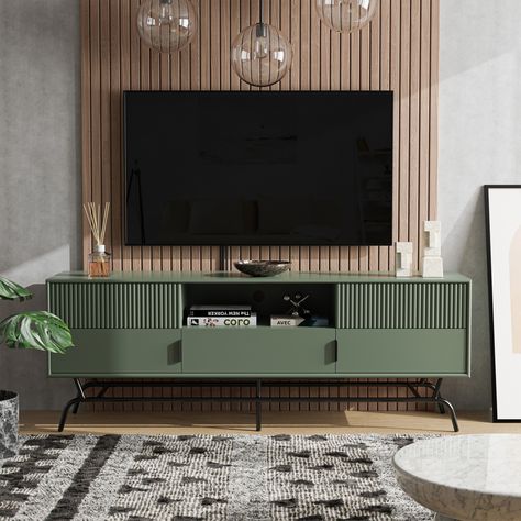 Sleek and functional, this DENHOUR BASIC Modern Sage Green 60-inch 3-Drawer Media Cabinet TV Stand will make the perfect addition for any living room or entertainment space. Ruang Tv, Modern Tv Room, Tv Unit Design Modern, Tv Stand Decor, Tv Stand Designs, Living Tv, Tv Cabinet Design, Modern Tv Units, Modern Tv Wall