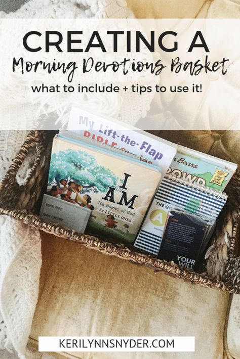 Put together a morning devotions basket to help your family connect and focus every day. Intentional parenting tip from Keri Lynn Snyder, Lifestyle Blog Organisation, Intentional Parenting, Bible Study, Faith Blogs, Helpful Tips, Christian Parenting Advice, Bible Lessons, Family Devotions, Morning Devotion