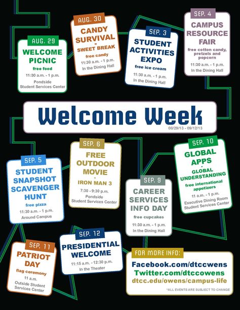 Welcome Week events are designed to help you become part of the campus and meet fellow students. Leadership, Design, College Event Ideas, School Events, Outreach, College Event, Welcome Week, College Activities, Student Council Activities