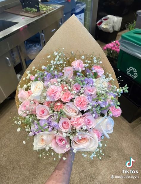 pink roses, baby’s breath flowers, purple flowers, white roses, wrapped bouquet Floral, Pink, Bouquets, Pink Flower Bouquet, Pink Bouquet, Pink Flower Arrangements, Bouquet Of Flowers, White Flower Bouquet, Purple Bouquet