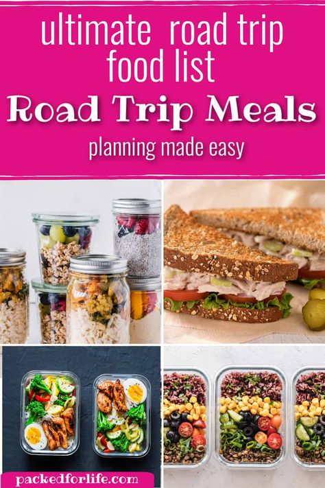We've put together our ultimate list of easy and delcious road trip meals plus tips for packing and all the non-food items you don't want to forget. Cooler and non-perishable road trip meal ideas for breakfast, lunch, dinner and snacks. Make ahead meals. Road trip food ideas for adults and kids. Road Trip tips. Family Road trip tips. Disney, Camping Meals, Summer, Trips, Healthy Recipes, Camping Meal Planning, Healthy Road Trip Snacks, Healthy Road Trip Food, Travel Lunches