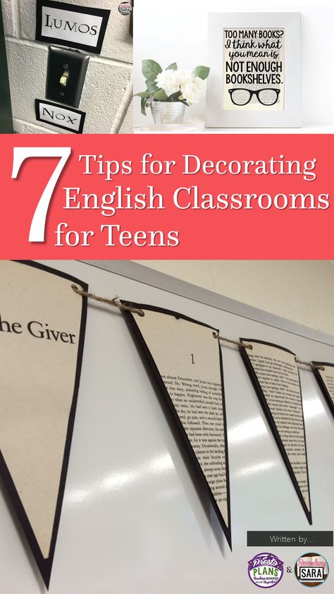 Blog post - 7 tips for decorating an English classroom for middle or high school, written by Secondary Sara and Presto Plans! Middle School English, English, High School, Organisation, High School English Classroom Decor, English Classroom Decor, Middle School Ela Bulletin Boards, Middle School Classroom, Classroom Inspiration