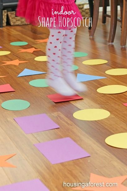 Indoor Games for kids ~ Shape Hopscotch is a fun Gross motor game Pre K, Activities For Kids, Toddler Activities, Montessori, Indoor Games For Kids, Games For Toddlers, Preschool Learning, Preschool Games, Preschool Activities