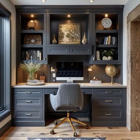 Office Wall Bookshelves, Built In Small Office, Home Office Off Entryway, Small Built In Desk Ideas, Work From Home Office For Two, Built In Desk Wall, Home Office Built In, Moody Office Decor, Built In Bookcase With Desk